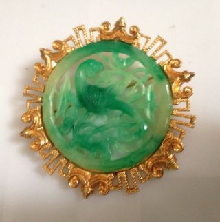 Vintage Vendome Faux Jade Bird Of Paradise Pin Brooch Lg 3 "