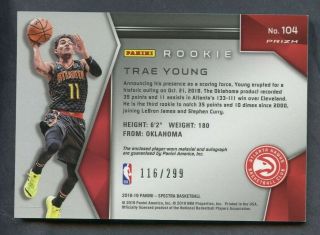 2018 - 19 Spectra Trae Young Hawks RPA RC Rookie Patch AUTO /299 2