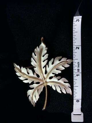 Vtg.  Crown Trifari White Enamel & Gold Tone Maple Leaf Brooch