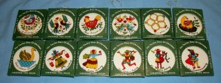 Vintage 12 Days Of Christmas Ornaments Hand Painted Glass Complete Set In Boxes