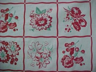 Vintage Tablecloth Printed Cotton 1940s Red Flowers Grid 44x48 " Estate Find