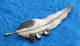 Vintage Sterling Silver Feather Pin Brooch W/ Tri Colored Stones Ladies Jewelry
