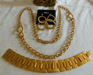 Vtg Napier Perfect Gold Chain Necklace,  Wide Bracelet And Earrings Set Signed