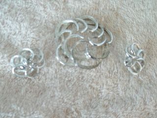 Vintage " Sarah Coventry " Pin & Clip Earrings Set,  Silver Tone Metal,  Swirl