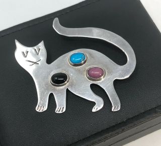 925 Sterling Vintage Mexico 3 Stone Cat Pin Brooch Onyx Turquoise