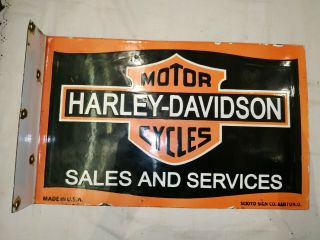 Harley Davidson Service 2 Sided Porcelain Enamel Sign 16 X 10 Inches With Flange