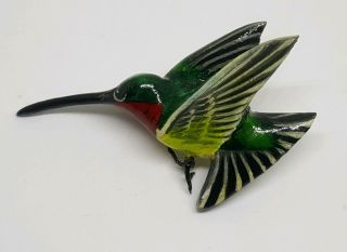 Vtg Takahashi - Sadao Oka Hand Painted Carved Wood Hummingbird Bird Wooden Brooch