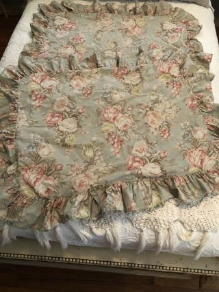 Vintage Ralph Lauren Charlotte Green Floral Standard Ruffled Pillow Shams 1 Pair
