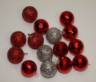 Vintage Plastic & Styrofoam Ornaments Set Of 15 Feather Tree 1 " Balls Red Silver