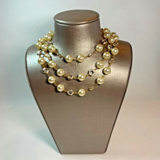 Vintage Joan Rivers Faux Pearl Open Bezel Crystal 58 " Continous Necklace