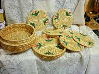 (6) Vintage Round Rattan Woven Straw Trivets Hot Pads In Lidded Basket