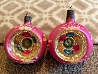 2 Stunning Vintage Poland Indented Pink & White Glass Christmas Ornaments (k)