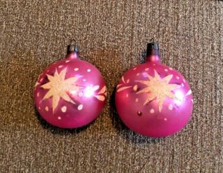 2 STUNNING Vintage Poland Indented Pink & White Glass Christmas Ornaments (K) 2