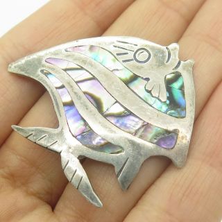 Vtg Mexico 925 Sterling Silver Abalone Shell Tribal Fish Pin Brooch