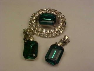 Vintage Silvertone & Clear/emerald Green Rhinestone Brooch & Dangle Earrings Set