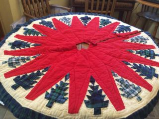 Vintage Christmas Tree Skirt Quilted Hand Stitching Plaid Flannel Appliqué Trees