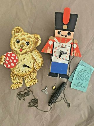 Vintage Made In Germany Wind Up Moving Eyes Bear Clock And Toy Soldier Clock