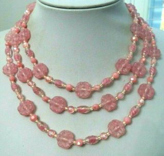 Stunning Vintage Estate High End Pink Glass Flower Bead 53 " Necklace G901o