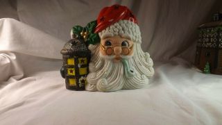 Vintage Ceramic Santa Claus Head Smoking Pipe Light Up Lantern Christmas