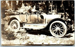 Vintage Rppc Real Photo Postcard Man & Woman In Automobile Car C1910s