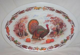 Vintage Melmac Melamine Oval Thanksgiving Turkey Platter Pumpkins Leaves 21 " X15 "