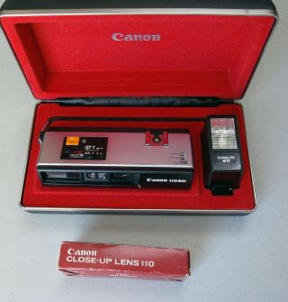 Vintage Canon 110 Ed Camera With Flash & Close Up Lens & Case