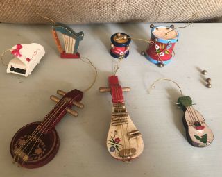 Vintage Wooden Ornaments Instruments Guitar Piano Harp Music
