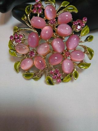 Pre Owned Vintage Brooch Pin Flower In Pink Iridescent Stones And Rhinestone