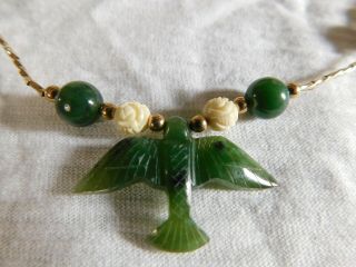 Vintage Carved Jade Stone Bird Pendant,  Beaded Necklace 16 " W/ Floral Beads