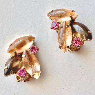 D&e Juliana Vintage Marquise Peach Glass Pink Rhinestone Flower Clip Earring 573