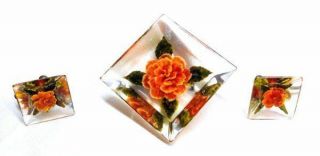 Vintage Reverse Carved Clear Lucite Orange Flowers Brooch/pin Earrings Set,  Fjt