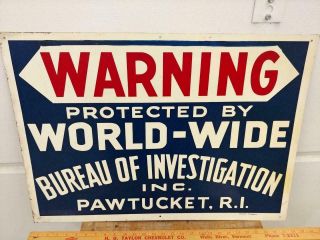 Large Vintage Warning World - Wide Tin Litho Sign - Pawtucket Ri - 20x28 -