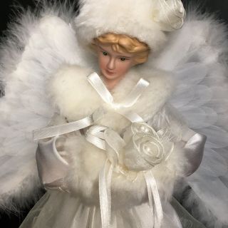 Vintage Angel 16 " Christmas Tree Topper.  Fiber Optics.  White Dress & Wings.