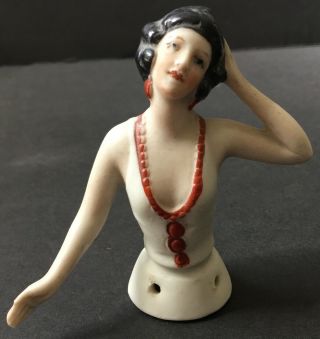 Vintage German Porcelain Pin Cushion Half Doll Flapper 2.  5”