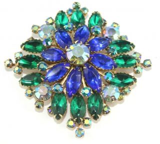 Gorgeous Vintage Blue & Green Aurora Borealis Rhinestone Pin/brooch