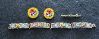 Vintage Micro Mosaic Italian Bracelet,  Earrings And Brooch Bar Pin (unmarked)