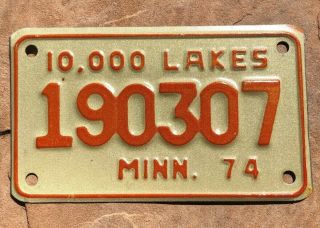 Minnesota 1974 License Plate " 190307 " Motorcycle