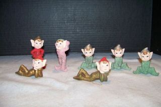 Vintage Set Of 7 Elf Pixie Ornaments Ceramic Type Japan For Christmas