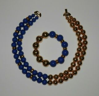Vintage Lc Liz Claiborne Gold Cobalt Blue Chunky Beaded Necklace Bracelet 116