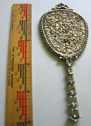 Vintage Small Ornate Silvered Hand Held Vanity - Purse - Pocket - Travel Mirror