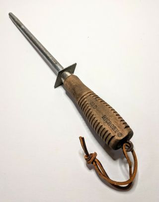 Vintage Old Hickory Sharpening Steel / Knife Honing Rod 15 " Wood Handle,  Leather