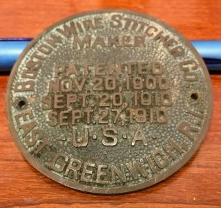 Boston Wire Stitcher Co.  Maker Usa Cast Brass Emblem / Badge / Plate