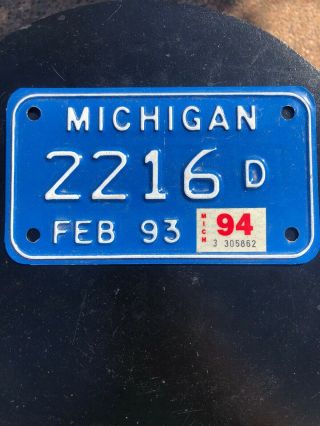1993 Michigan Motorcycle Dealer License Plate Feb 93 2216