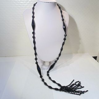 Vintage French Jet Black Glass Long Beaded Tassel Deco Style Flapper Necklace