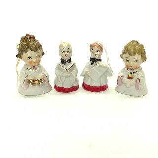 4 Vintage Porcelain Bell Christmas Ornaments Choir Boys & Girls Japan