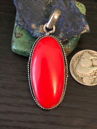 Vintage Native American Red Coral Sterling Silver Long Pendant 10 G