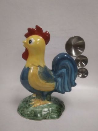 Vintage - Ceramic Chicken Rooster Measuring Spoons Holder Stainless Steel Spoons