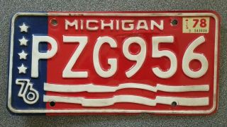 Vintage 1976 Michigan Bi - Centennial License Plate Pzg 956 Red White & Blue