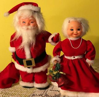 Vintage Christmas Decorations Santa & Mrs.  Claus Dolls W/plastic Face Japan 15”
