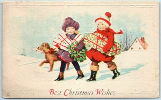 Vintage Christmas Postcard Children Dog W/ Xmas Presents / Snow Scene C1920s